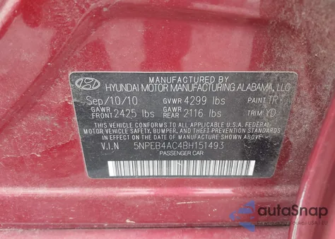 2011 Hyundai Sonata Gls from USA, damaged, VIN 5NPEB4AC4BH151493